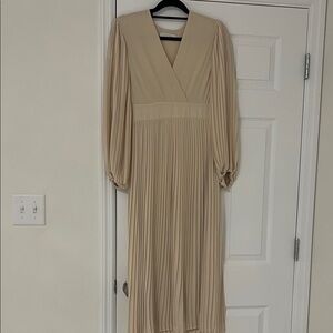 Kaos Beige Pleated Long Sleeve Dress